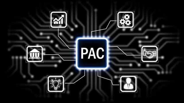 PAC concept with icons and circuit board pattern Keywords. startup, business, global, world, earth, planet, finance, money, investment, banking, growth.4K