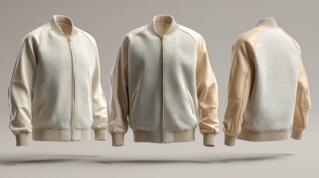 Multi-angle varsity jacket mockup in a realistic digital rendering showcasing front, side, and back