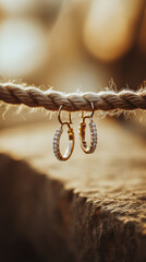 Gold hoop earrings are seen hanging from a rope. The light from the sunset creates a warm glow around the earrings and a wooden area is in the background.