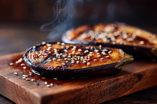 Nasu dengaku: glossy miso-glazed eggplant halves with sesame