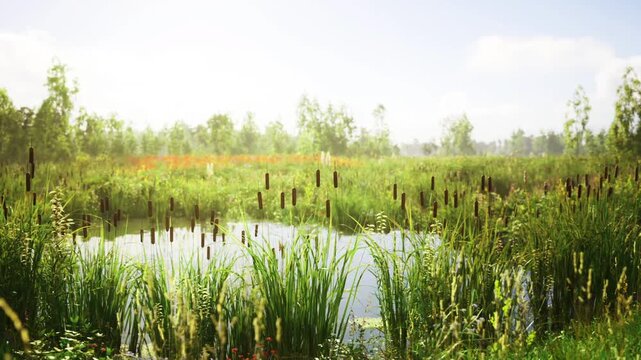 Golden hour wetland with warm light on cattails and grasses, shimmering pond highlights, soft shadows, pastoral tree line, cinematic mood suitable