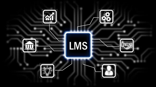 LMS concept with icons and circuit board pattern Keywords. startup, business, global, world, earth, planet, finance, money, investment, banking, growth.4K