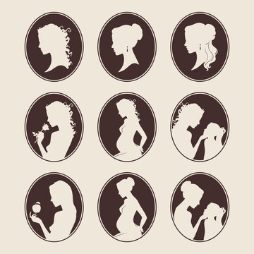 Vintage Cameo Silhouette Collection Elegant Female Profiles and Motherhood Scenes in Oval Frames Vector Illustration