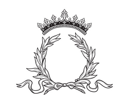 Hand drawn royal crown and laurel wreath vintage line art tattoo vector illustration isolated