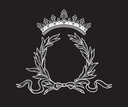 Hand drawn royal crown and laurel wreath vintage line art tattoo vector illustration isolated