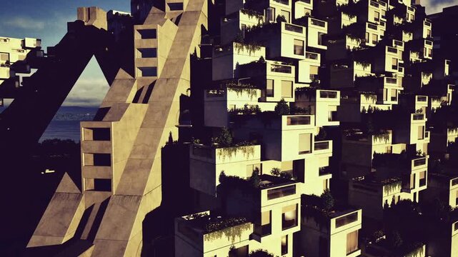Dusk modular concrete towers overlooking sea, repeating balconies and triangular arch, dramatic long shadows and warm golden light, drone survey mood, urban