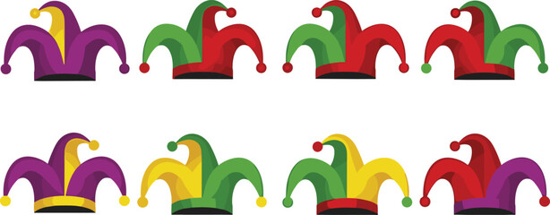 Colorful Jester Hat Collection with Bells in Carnival and Circus Style for Joker Costume, Festival Decoration, and Entertainment Vector Illustration Set © MdJalal