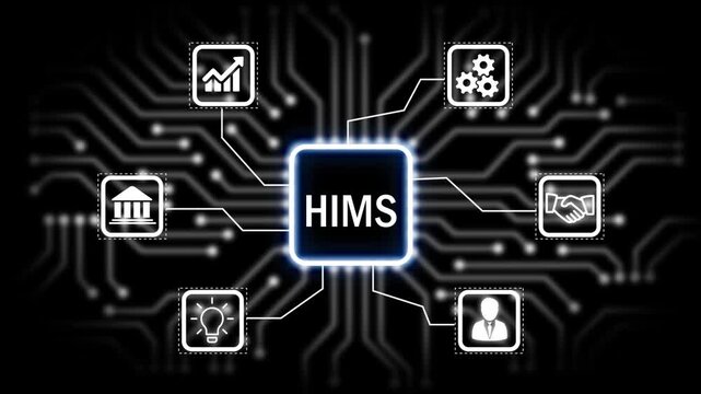 HIMS concept with icons and circuit board pattern Keywords. startup, business, global, world, earth, planet, finance, money, investment, banking, growth.4K