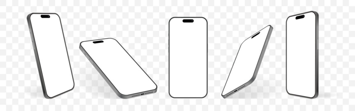 Realistic Smartphone Mockup Set with Blank White Screen, Mobile Phone in Different Angles Front and Perspective Views Isolated on Transparent Background Vector