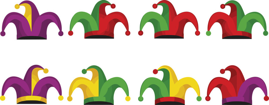 Colorful Jester Hat Collection with Bells in Carnival and Circus Style for Joker Costume, Festival Decoration, and Entertainment Vector Illustration Set