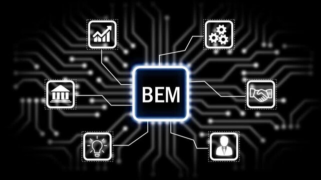 BEM concept with icons and circuit board pattern Keywords. startup, business, global, world, earth, planet, finance, money, investment, banking, growth.4K