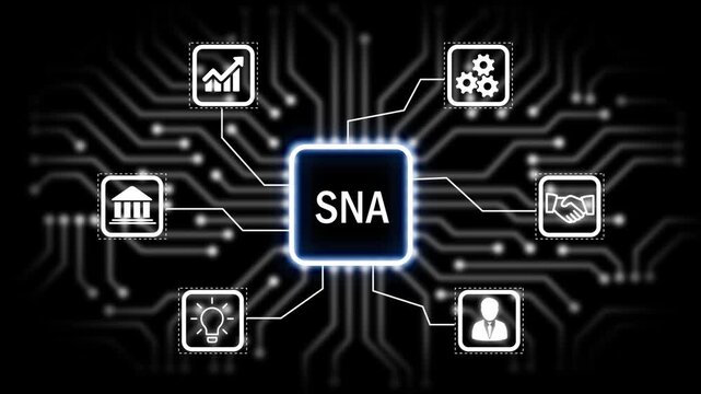 SNA concept with icons and circuit board pattern Keywords. startup, business, global, world, earth, planet, finance, money, investment, banking, growth.4K