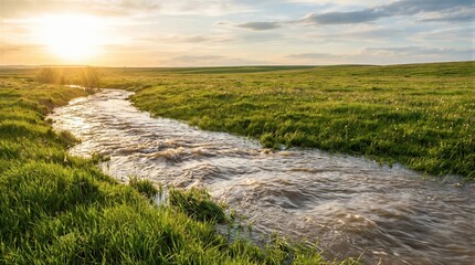 Naklejka premium Small stream flowing through a green field during spring at sunset. Melting snow water creates a creek in a meadow. Rural nature landscape scenery and freshness of the season change.