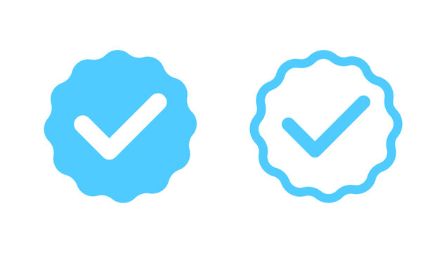 Light Blue Verified Checkmark Icons with Wavy Circles - Solid and Outline Versions for Social Media and Approval