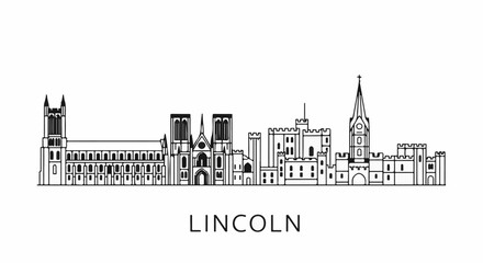 Naklejka premium Stylized line art silhouette of various historic buildings and a church spire, with text