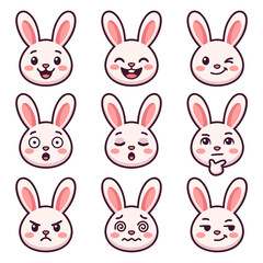 Fototapeta premium Cute Easter Bunny Face Emoji Set with Various Expressions and Emotions for Social Media Stickers, Children's Education, and Kids App UI Design, Isolated Vector Illustration Collection. Set 6