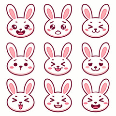 Fototapeta premium Cute Easter Bunny Face Emoji Set with Various Expressions and Emotions for Social Media Stickers, Children's Education, and Kids App UI Design, Isolated Vector Illustration Collection. Set 5