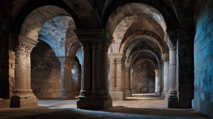 Obraz premium Historic cathedral corridor with stone arches and pillars