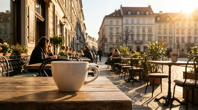 White coffee cup on wooden table at outdoor street cafe. People sitting at tables in background during sunny spring day. Relaxed lifestyle, urban travel scene and city walk concept.