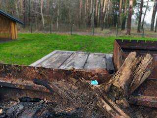 Fototapeta premium Wood sitting on a rusty grill near a forest backdrop in the outdoors