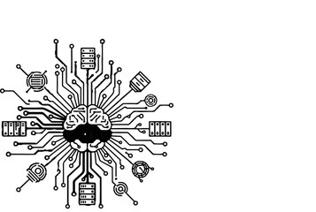 Obraz premium Stylized brain connected by circuits to electronic components