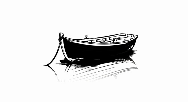 Stylized black ink drawing of a small rowboat resting on calm water