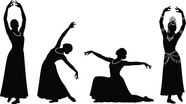 Traditional dance women silhouettes set, graceful female dancers performing cultural choreography poses artistic movement collection flat vector illustration