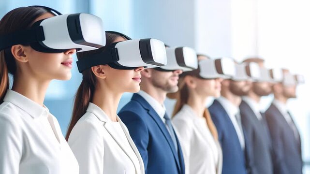 Group of business professionals wearing virtual reality headsets for a corporate training session in a bright modern office