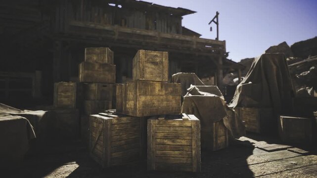 Stacked wooden crates and supplies at wild west depot yard, shadowed alley and packed cargo suggest frontier logistics and busy freight staging.