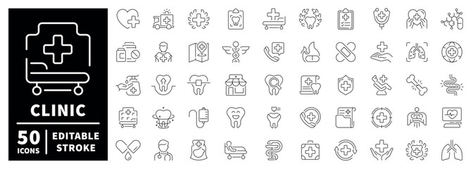 Clinic outline editable stroke icon set: medical symbols in thin line style for healthcare