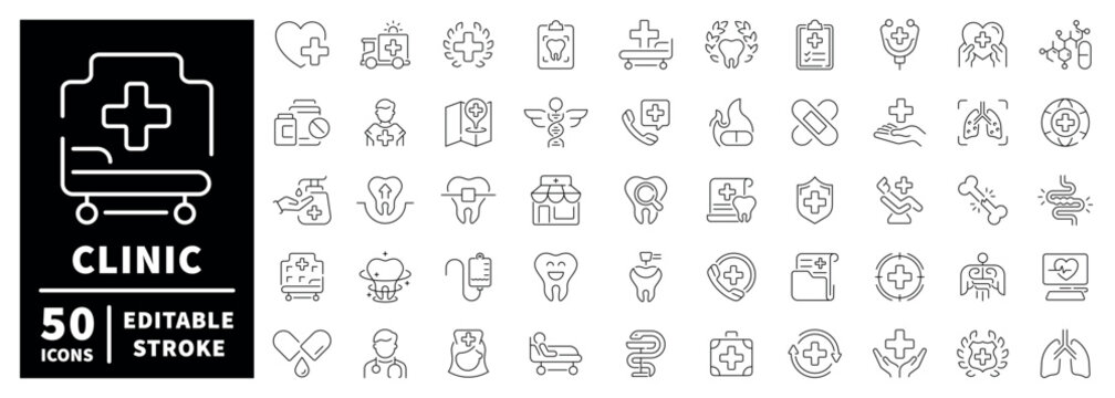 Clinic outline editable stroke icon set: medical symbols in thin line style for healthcare