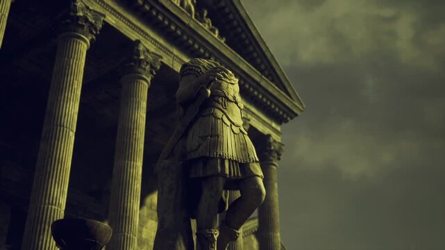 Mighty Antioch sentinel poised on steps. Deep shadows carve relief on capitals and steps closeangle view emphasizes texture of aged stone, solemn mood,