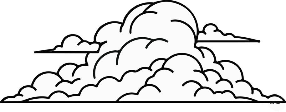 Stylized black and white illustration of fluffy cumulus clouds in layers