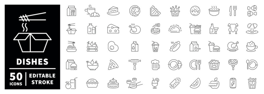 Food and beverage outline icon set. editable stroke thin line style for culinary icons