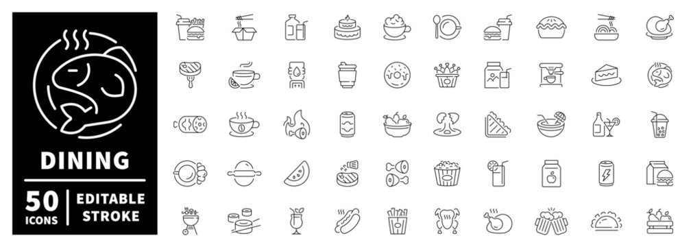 Dining outline icon set: editable stroke thin line food and drink icons for culinary themes