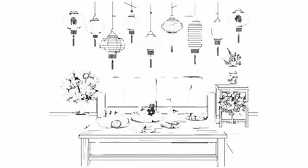 Obraz premium Stylized illustration of a lounge scene with hanging lanterns and a fruit display