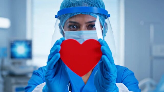 Close-up of a masked and shielded medical professional holding a red heart, symbolizing love and care for patients in a hospital setting.
