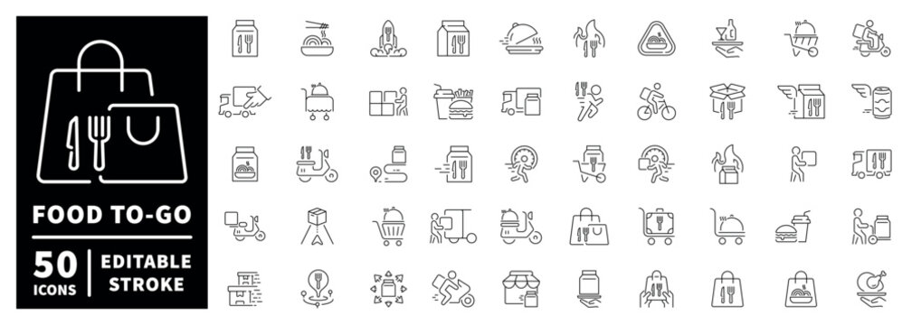 Food delivery outline icon set with thin line style editable stroke for fast service
