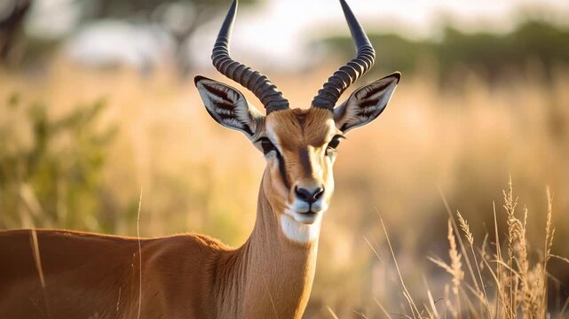 Close up portrait of an impala gazelle with long spiral horns standing in a field of dry tall grass during golden hour
