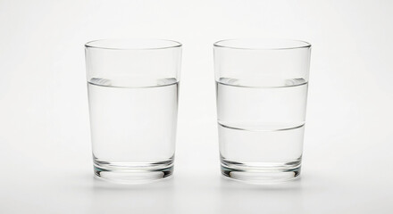 Two glasses of water side by side on white background