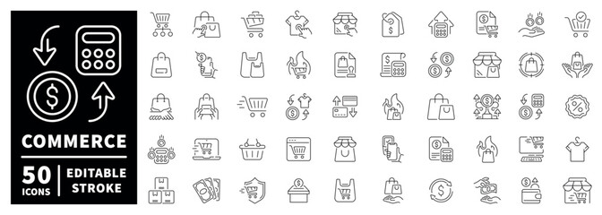 Commerce editable outline icon set. editable stroke, thin line style for shopping, retail, e-commerce icons.