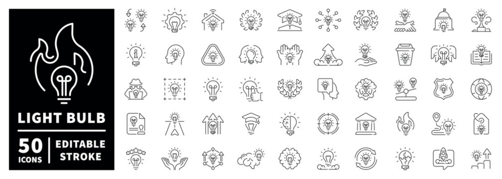 Light bulb linear icon set with editable stroke: innovation and ideas in thin line style