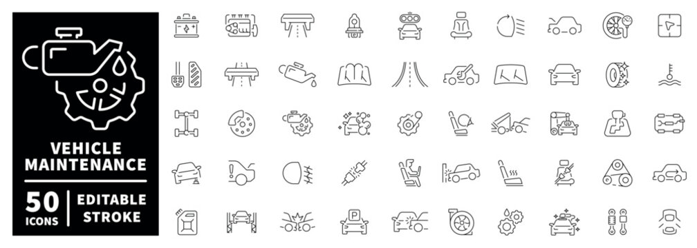 Vehicle maintenance outline icon set: editable stroke thin line symbols for auto care
