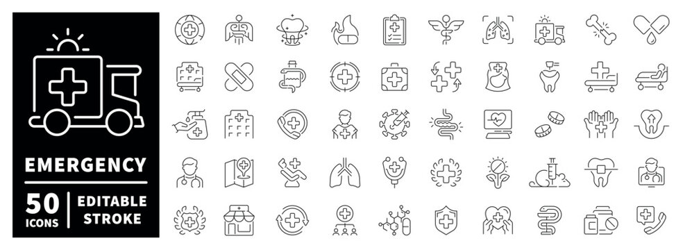 Emergency medical outline icon set. editable stroke for ambulance and healthcare symbols