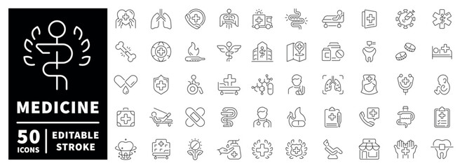 Medicine outline icon set: 50 editable stroke thin line medical icons