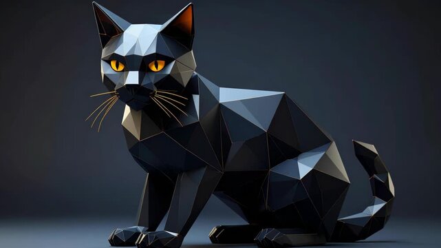 Stylized geometric black cat figurine with golden details and sharp polygonal edges against a navy blue backdrop