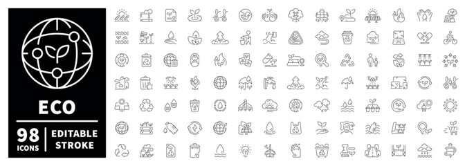 Naklejka premium Eco icon set: outline editable stroke icons with thin line style for sustainability