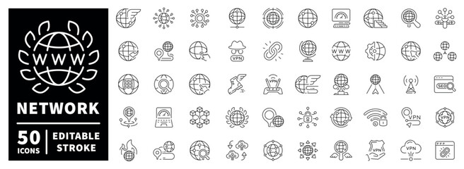 Obraz premium Network outline icon set: editable stroke symbols in thin line style for connectivity and technology
