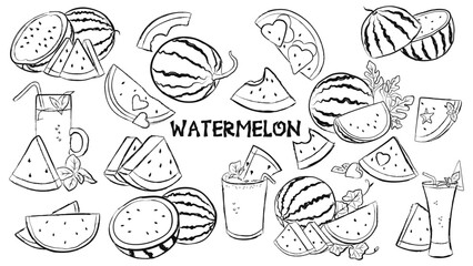 Black and white watermelon doodle set, minimalist fruit line art icons. © Walija