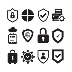 Data Security and Privacy Protection Icon Set with Shield Lock and Gear Symbols in Black Glyph Style
